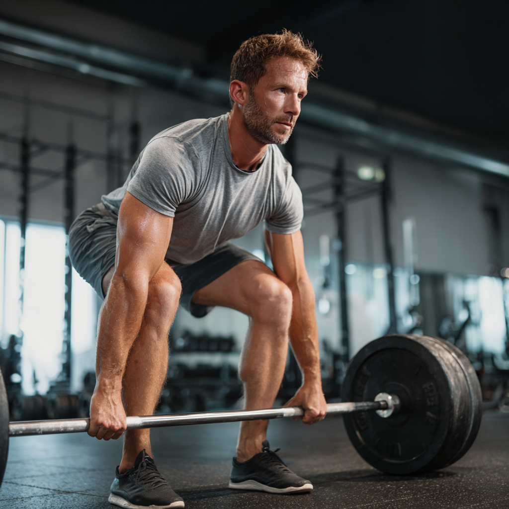 Athletic man performing deadlift exercise in modern gym with perfect form and intense focus
