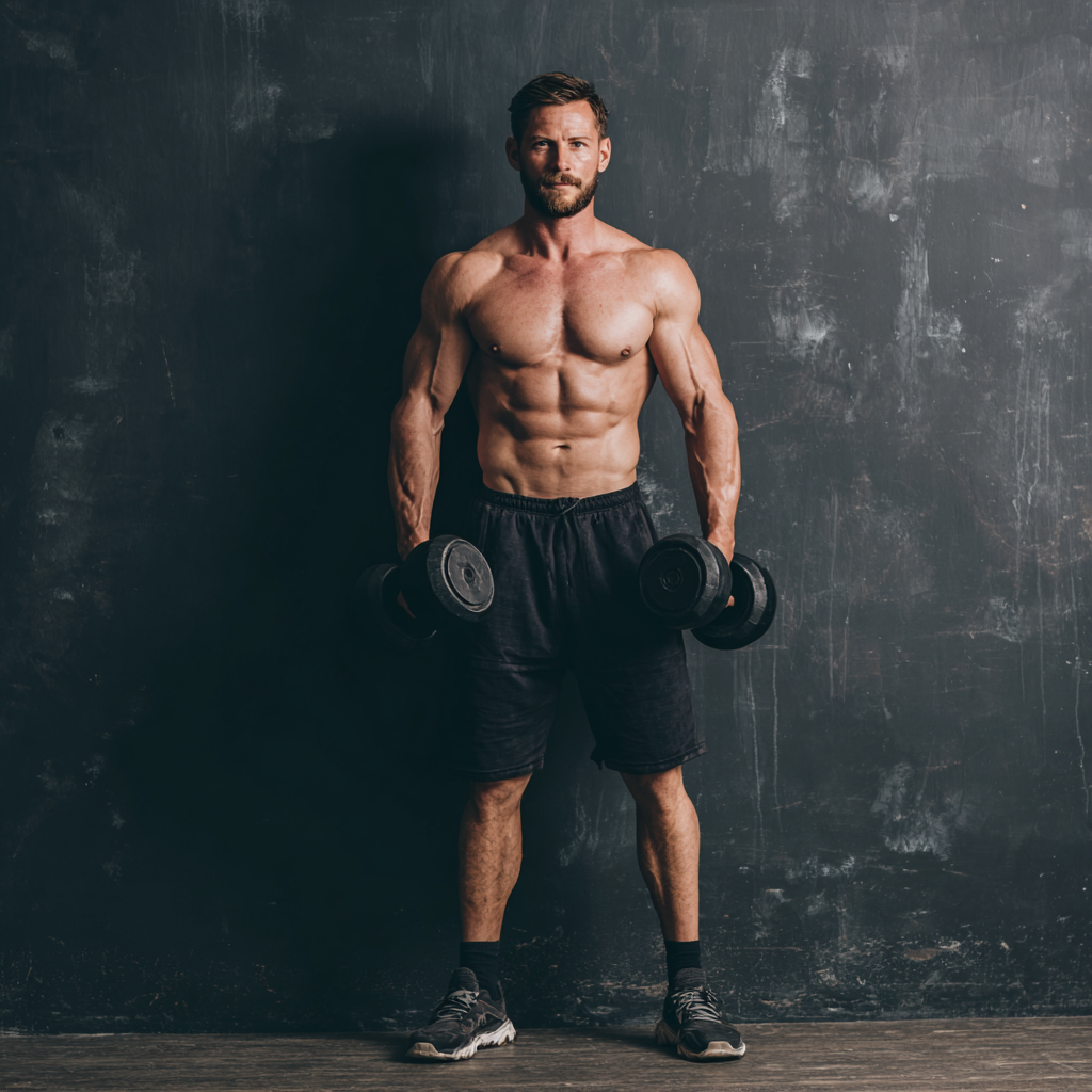 Confident muscular man in gym holding dumbbells with determined expression and powerful stance
